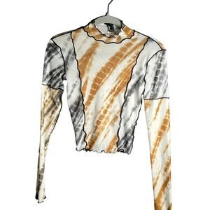 Forever 21 White and Brown Mesh High Neck Top Size Small